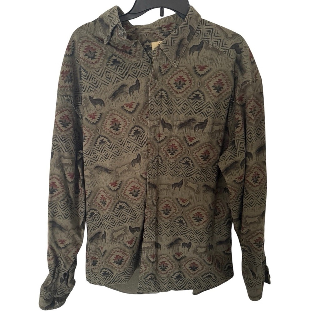 Cabelas Mens XLT Deerskin Soft Chamois Shirt Aztec Wolf Button-Up Western